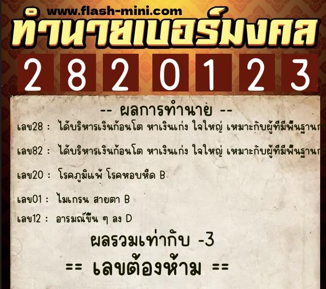 ทำนายเบอร์มงคล 0XX-2820123  ทำนายเบอร์มงคล หมายเลข 061-282012 