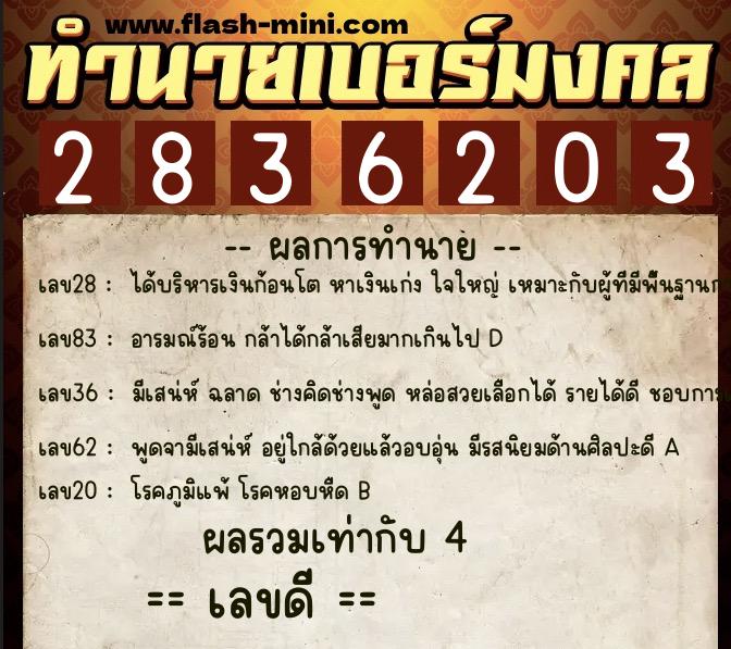 ทำนายเบอร์มงคล 0XX-2836203  ทำนายเบอร์มงคล หมายเลข 090-283620 