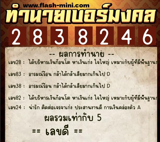 ทำนายเบอร์มงคล 0XX-2838246  ทำนายเบอร์มงคล หมายเลข 086-283824 