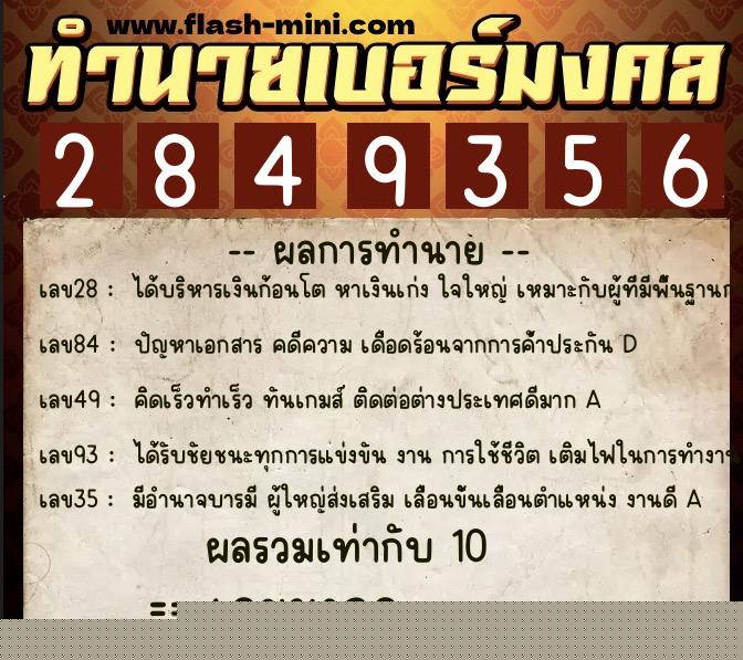 ทำนายเบอร์มงคล 0XX-2849356  ทำนายเบอร์มงคล หมายเลข 084-284935 