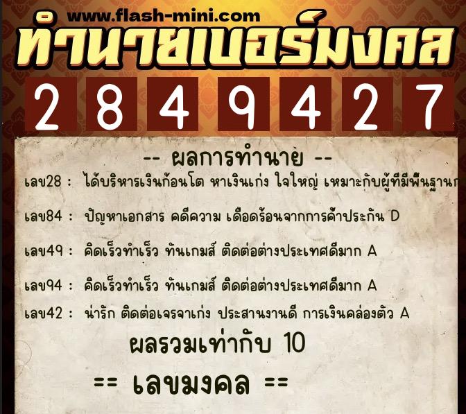 ทำนายเบอร์มงคล 0XX-2849427  ทำนายเบอร์มงคล หมายเลข 088-284942 