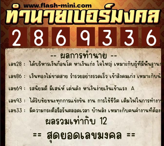 ทำนายเบอร์มงคล 0XX-2869336  ทำนายเบอร์มงคล หมายเลข 094-286933 