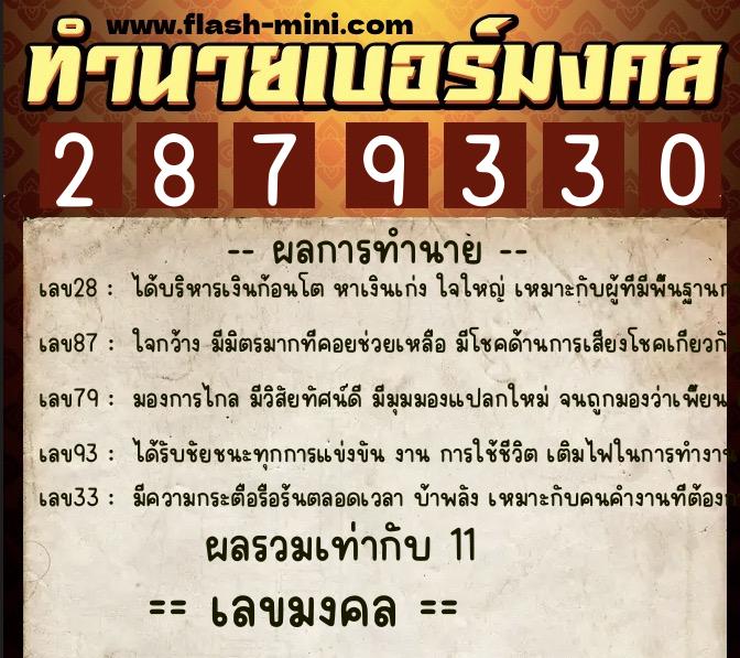 ทำนายเบอร์มงคล 0XX-2879330  ทำนายเบอร์มงคล หมายเลข 099-287933 