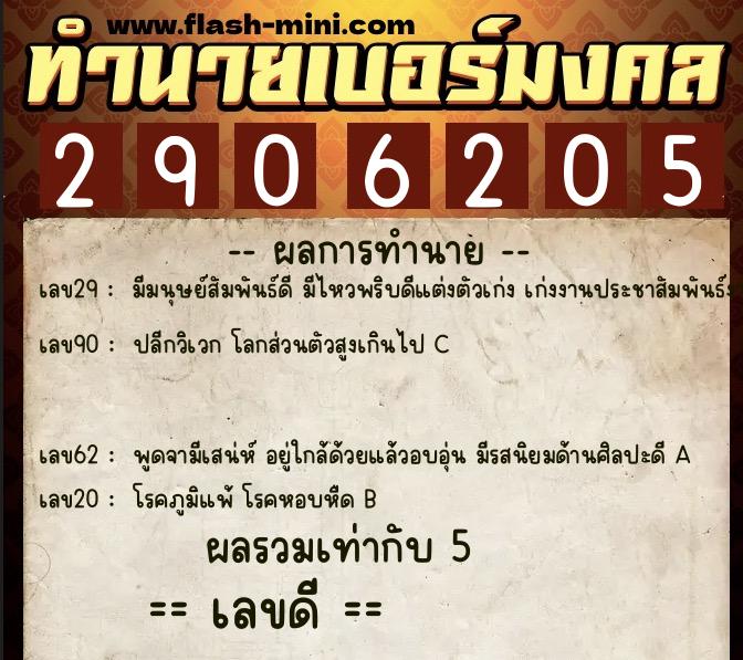 ทำนายเบอร์มงคล 0XX-2906205  ทำนายเบอร์มงคล หมายเลข 094-290620 
