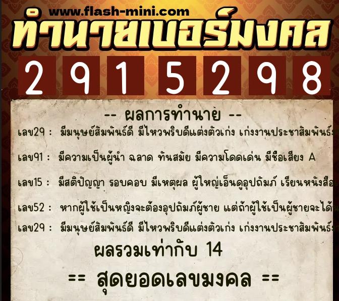ทำนายเบอร์มงคล 0XX-2915298  ทำนายเบอร์มงคล หมายเลข 067-291529 