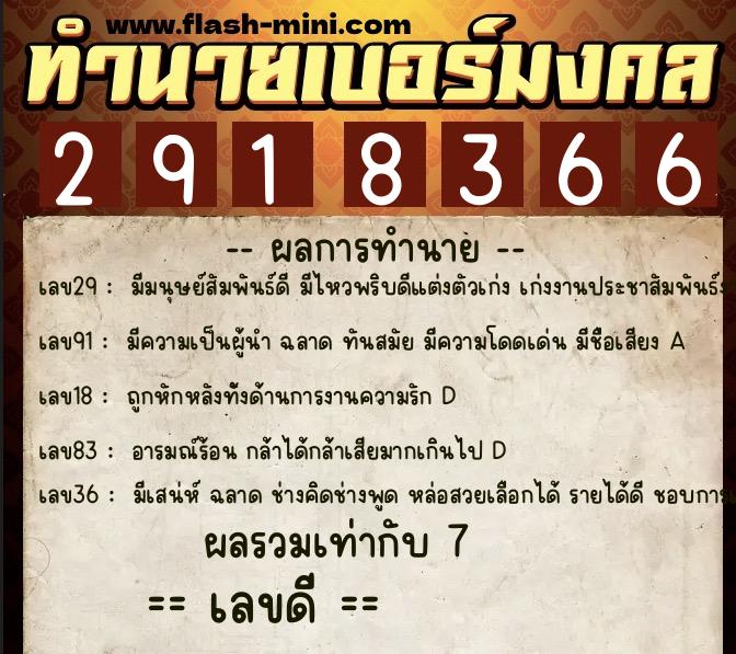 ทำนายเบอร์มงคล 0XX-2918366  ทำนายเบอร์มงคล หมายเลข 067-291836 