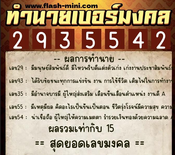 ทำนายเบอร์มงคล 0XX-2935542  ทำนายเบอร์มงคล หมายเลข 097-293554 