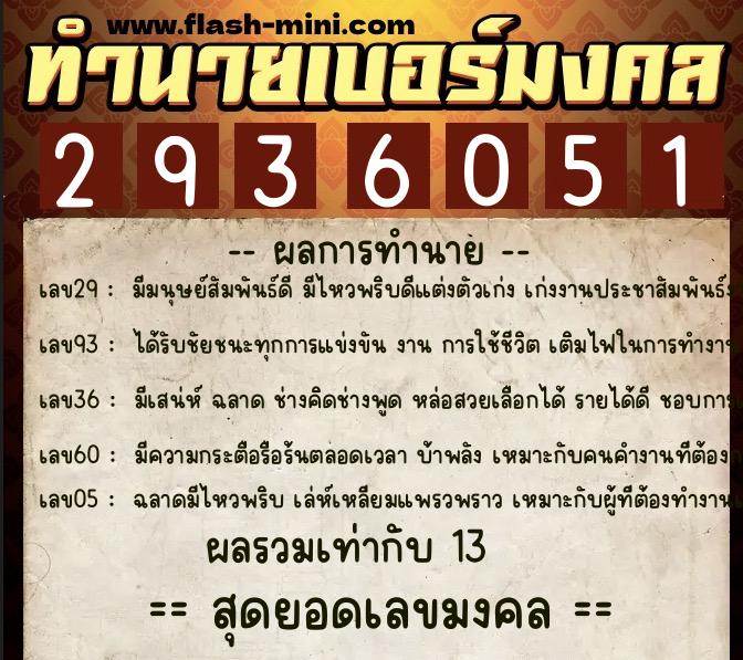 ทำนายเบอร์มงคล 0XX-2936051  ทำนายเบอร์มงคล หมายเลข 095-293605 