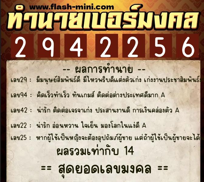 ทำนายเบอร์มงคล 0XX-2942256  ทำนายเบอร์มงคล หมายเลข 062-294225 