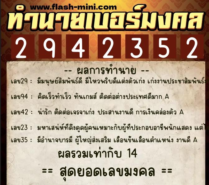 ทำนายเบอร์มงคล 0XX-2942352  ทำนายเบอร์มงคล หมายเลข 084-294235 