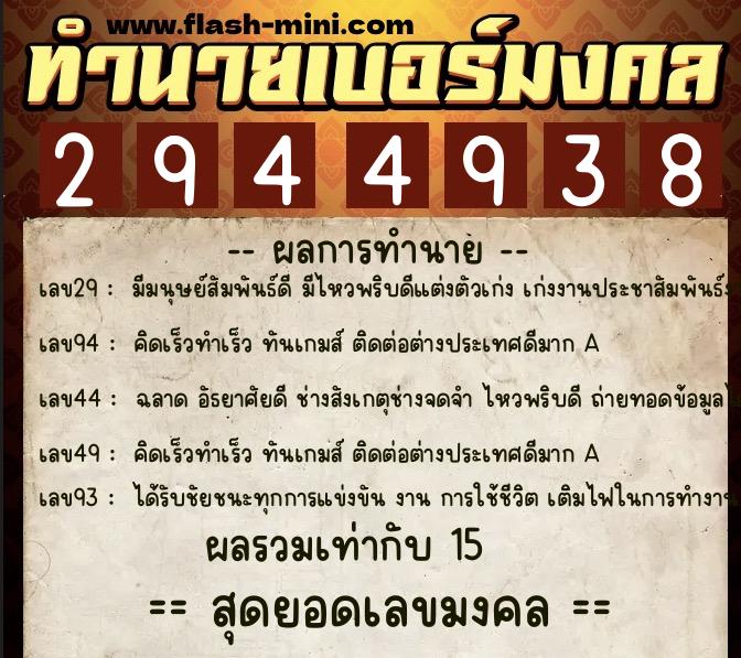 ทำนายเบอร์มงคล 0XX-2944938  ทำนายเบอร์มงคล หมายเลข 068-294493 