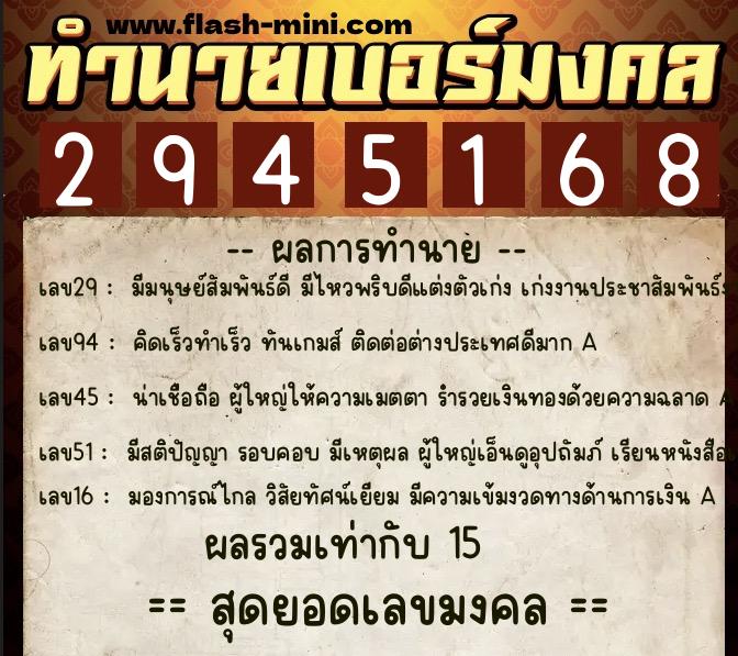 ทำนายเบอร์มงคล 0XX-2945168  ทำนายเบอร์มงคล หมายเลข 097-294516 