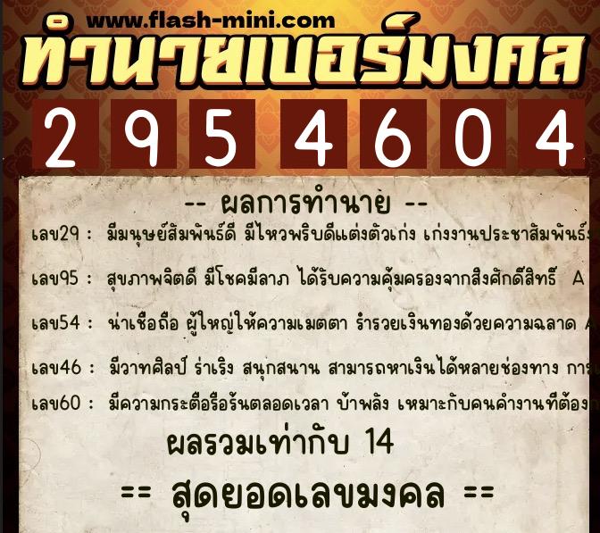 ทำนายเบอร์มงคล 0XX-2954604  ทำนายเบอร์มงคล หมายเลข 099-295460 