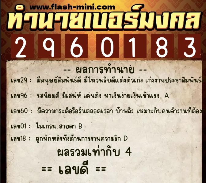 ทำนายเบอร์มงคล 0XX-2960183  ทำนายเบอร์มงคล หมายเลข 060-296018 