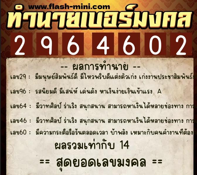 ทำนายเบอร์มงคล 0XX-2964602  ทำนายเบอร์มงคล หมายเลข 086-296460 