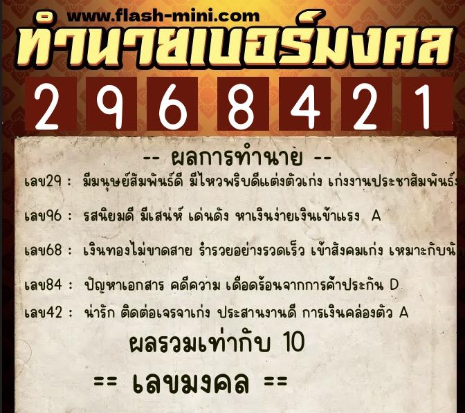 ทำนายเบอร์มงคล 0XX-2968421  ทำนายเบอร์มงคล หมายเลข 066-296842 