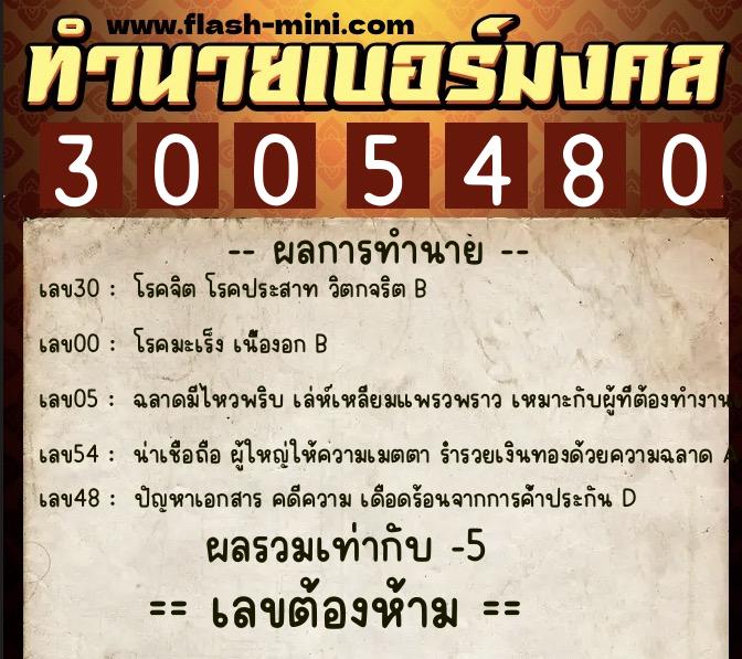 ทำนายเบอร์มงคล 0XX-3005480  ทำนายเบอร์มงคล หมายเลข 091-300548 