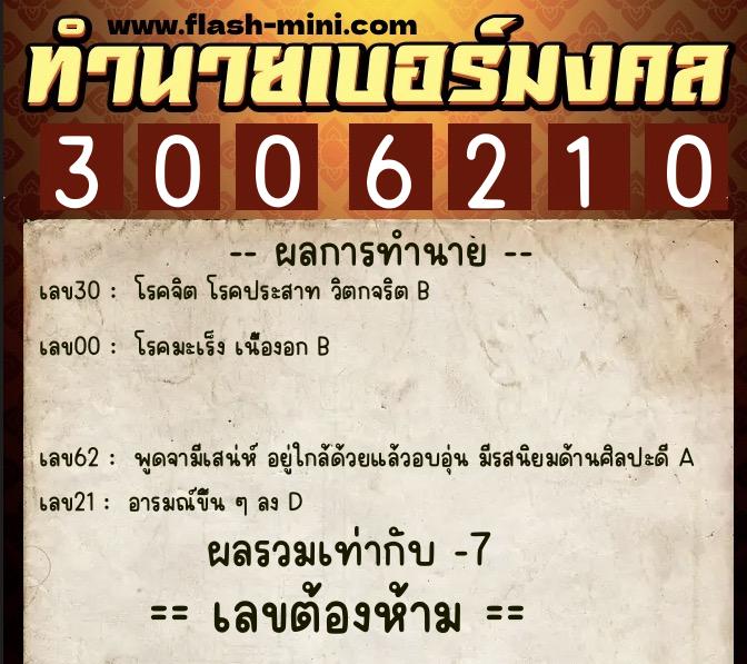 ทำนายเบอร์มงคล 0XX-3006210  ทำนายเบอร์มงคล หมายเลข 064-300621 