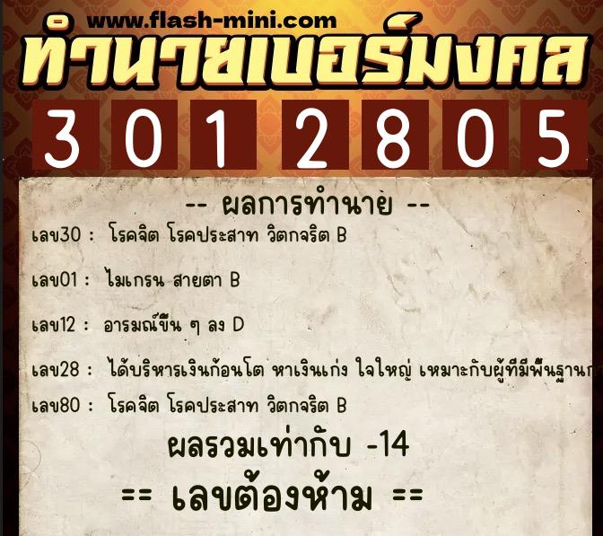 ทำนายเบอร์มงคล 0XX-3012805  ทำนายเบอร์มงคล หมายเลข 082-301280 