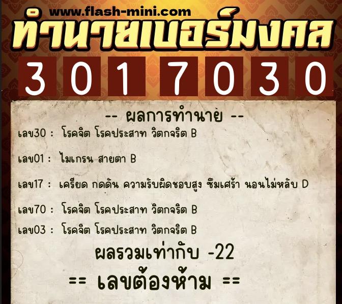 ทำนายเบอร์มงคล 0XX-3017030  ทำนายเบอร์มงคล หมายเลข 088-301703 