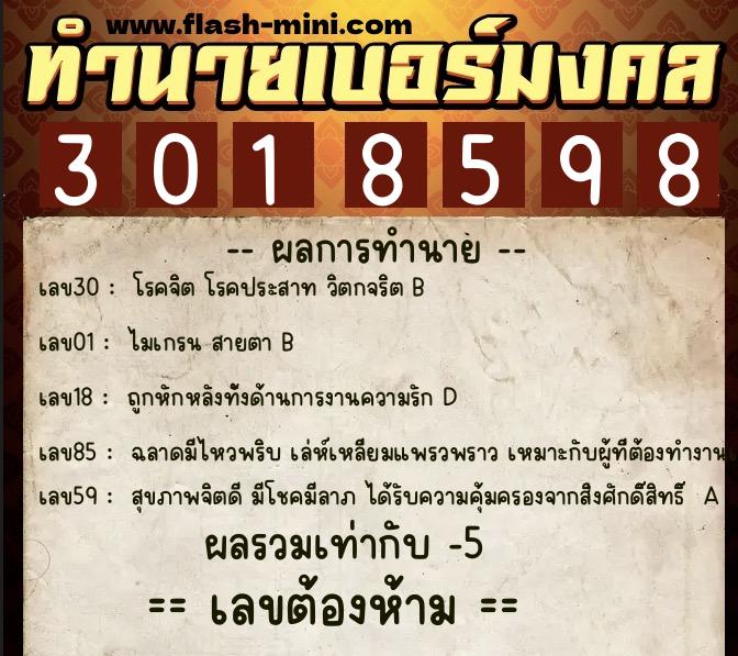 ทำนายเบอร์มงคล 0XX-3018598  ทำนายเบอร์มงคล หมายเลข 085-301859 