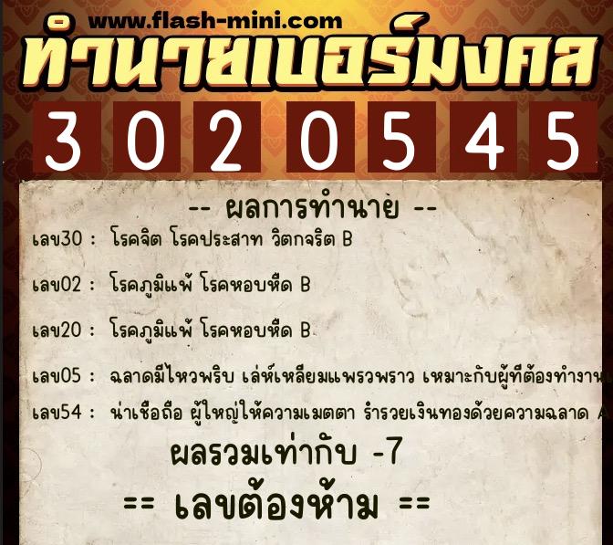 ทำนายเบอร์มงคล 0XX-3020545  ทำนายเบอร์มงคล หมายเลข 097-302054 