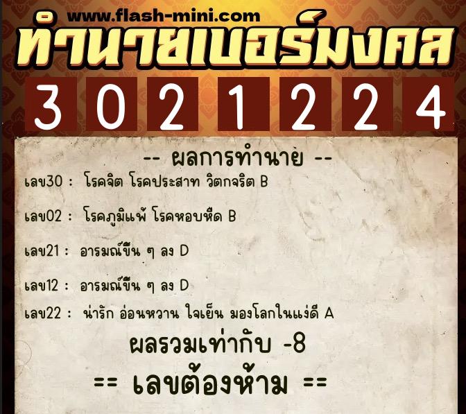 ทำนายเบอร์มงคล 0XX-3021224  ทำนายเบอร์มงคล หมายเลข 061-302122 