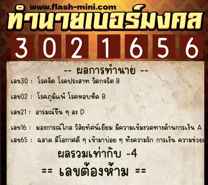 ทำนายเบอร์มงคล 0XX-3021656  ทำนายเบอร์มงคล หมายเลข 088-302165 
