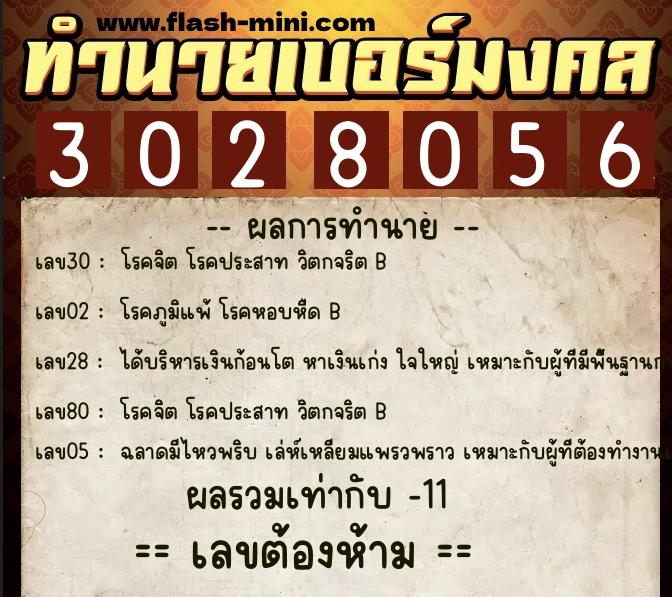 ทำนายเบอร์มงคล 0XX-3028056  ทำนายเบอร์มงคล หมายเลข 098-302805 
