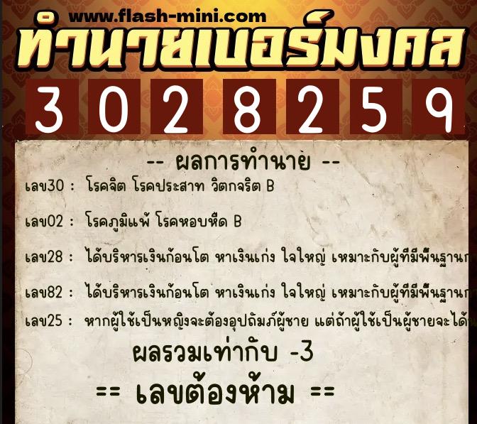 ทำนายเบอร์มงคล 0XX-3028259  ทำนายเบอร์มงคล หมายเลข 084-302825 