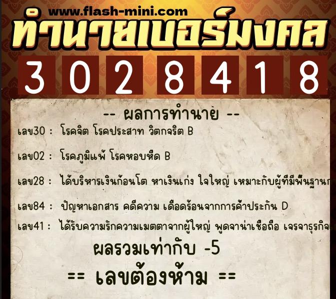 ทำนายเบอร์มงคล 0XX-3028418  ทำนายเบอร์มงคล หมายเลข 062-302841 