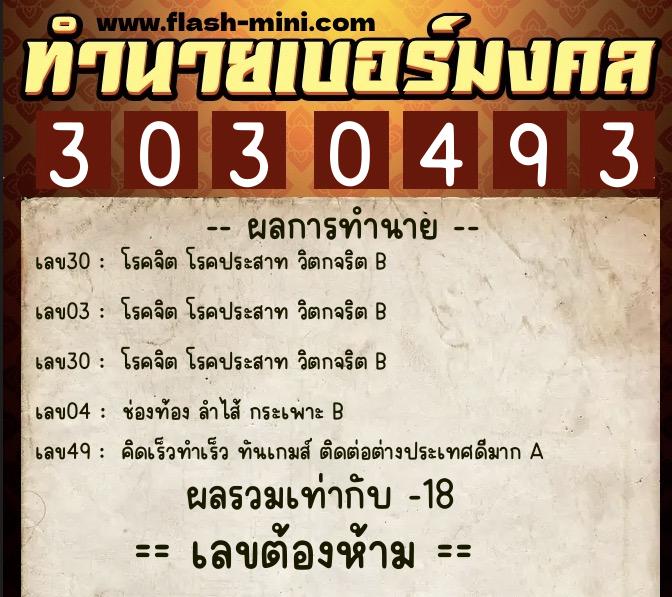 ทำนายเบอร์มงคล 0XX-3030493  ทำนายเบอร์มงคล หมายเลข 064-303049 