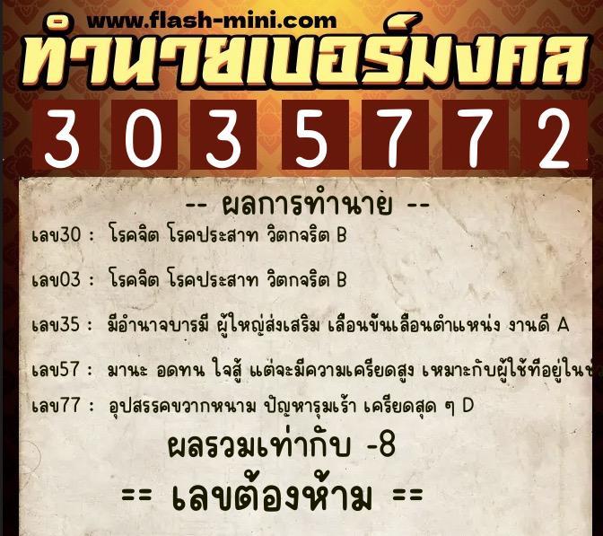 ทำนายเบอร์มงคล 0XX-3035772  ทำนายเบอร์มงคล หมายเลข 061-303577 