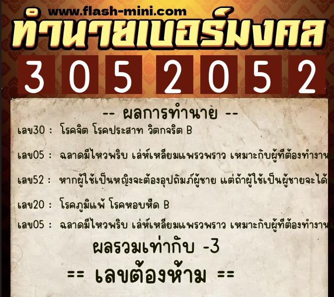 ทำนายเบอร์มงคล 0XX-3052052  ทำนายเบอร์มงคล หมายเลข 088-305205 