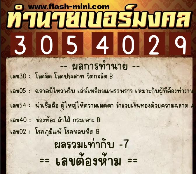 ทำนายเบอร์มงคล 0XX-3054029  ทำนายเบอร์มงคล หมายเลข 091-305402 