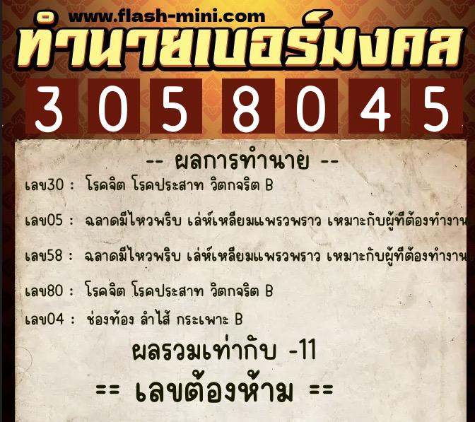 ทำนายเบอร์มงคล 0XX-3058045 ทำนายเบอร์มงคล หมายเลข 083-305804 ทำนายเบอร์มงคล 0XX-3058045 ทำนายเบอร์มงคล หมายเลข 083-305804