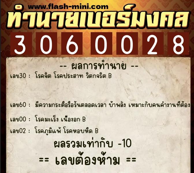 ทำนายเบอร์มงคล 0XX-3060028  ทำนายเบอร์มงคล หมายเลข 065-306002 