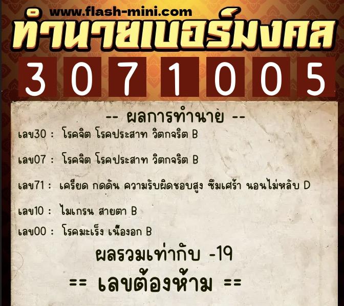 ทำนายเบอร์มงคล 0XX-3071005  ทำนายเบอร์มงคล หมายเลข 099-307100 