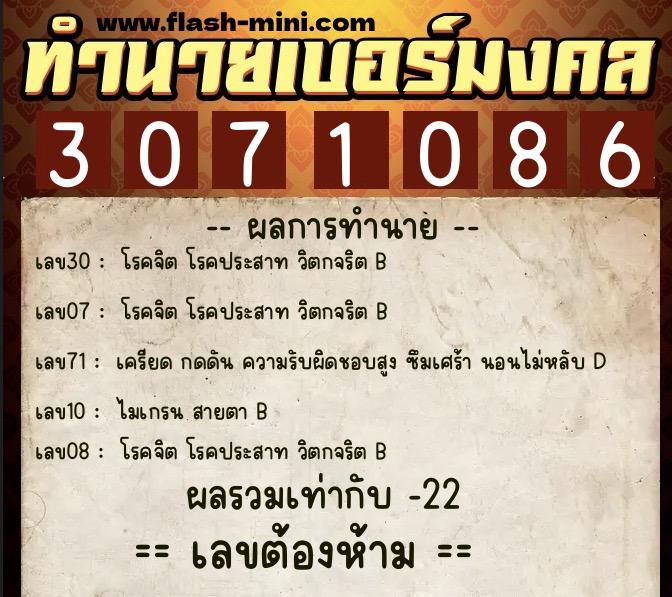 ทำนายเบอร์มงคล 0XX-3071086  ทำนายเบอร์มงคล หมายเลข 094-307108 