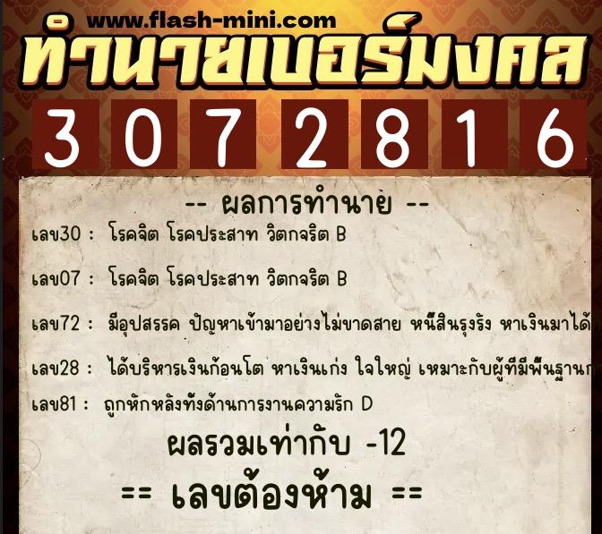 ทำนายเบอร์มงคล 0XX-3072816  ทำนายเบอร์มงคล หมายเลข 097-307281 
