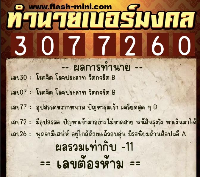 ทำนายเบอร์มงคล 0XX-3077260  ทำนายเบอร์มงคล หมายเลข 068-307726 