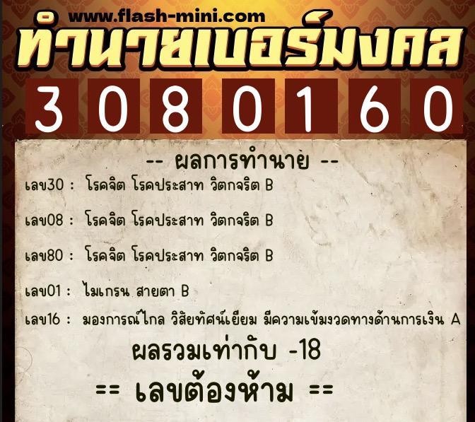 ทำนายเบอร์มงคล 0XX-3080160  ทำนายเบอร์มงคล หมายเลข 064-308016 