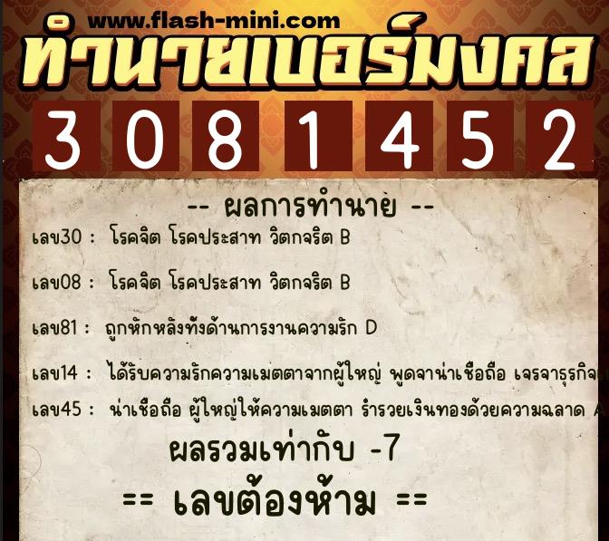 ทำนายเบอร์มงคล 0XX-3081452  ทำนายเบอร์มงคล หมายเลข 080-308145 