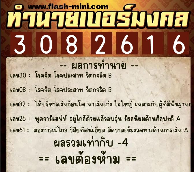 ทำนายเบอร์มงคล 0XX-3082616  ทำนายเบอร์มงคล หมายเลข 098-308261 