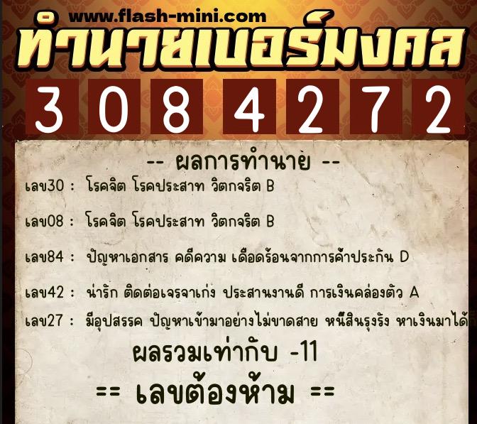 ทำนายเบอร์มงคล 0XX-3084272  ทำนายเบอร์มงคล หมายเลข 067-308427 