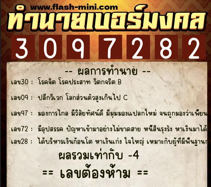 ทำนายเบอร์มงคล 0XX-3097282  ทำนายเบอร์มงคล หมายเลข 089-309728 