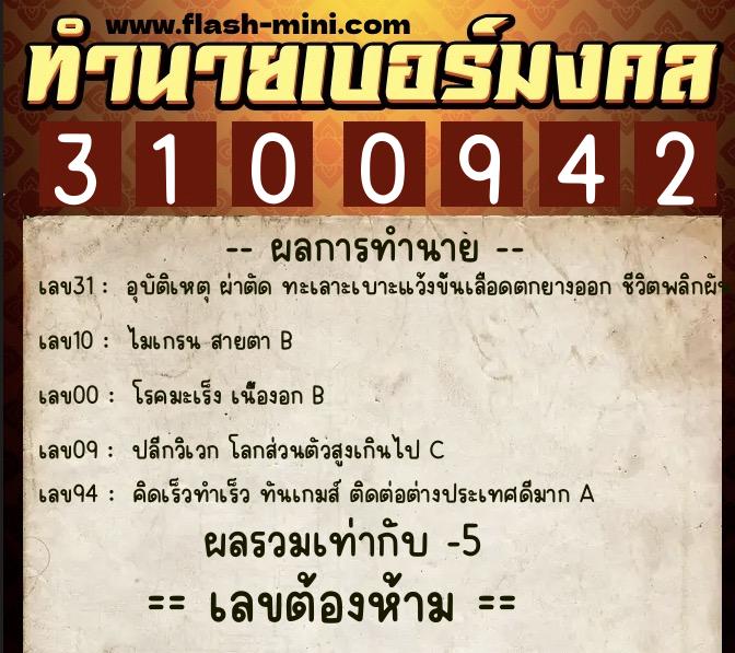 ทำนายเบอร์มงคล 0XX-3100942  ทำนายเบอร์มงคล หมายเลข 093-310094 