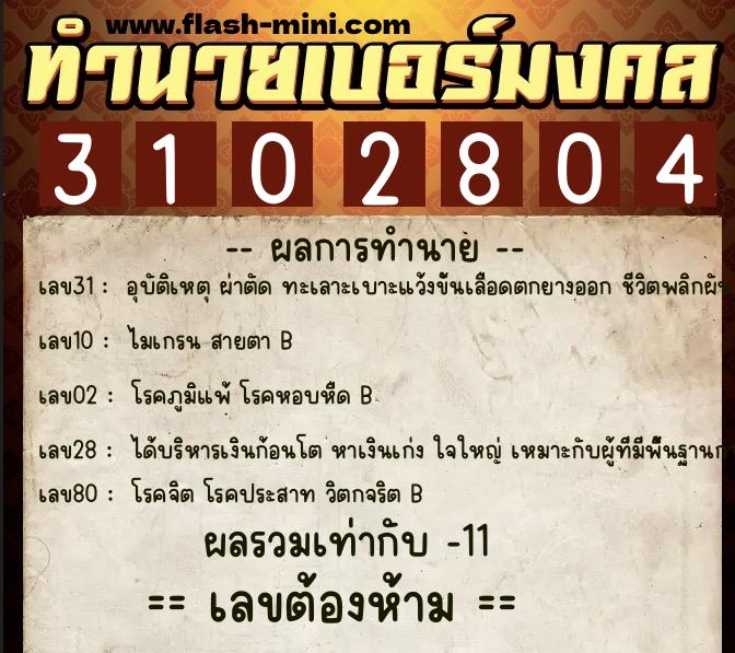 ทำนายเบอร์มงคล 0XX-3102804  ทำนายเบอร์มงคล หมายเลข 099-310280 