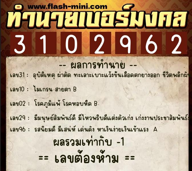 ทำนายเบอร์มงคล 0XX-3102962  ทำนายเบอร์มงคล หมายเลข 068-310296 