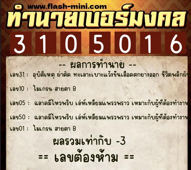 ทำนายเบอร์มงคล 0XX-3105016 ทำนายเบอร์มงคล หมายเลข 064-310501 ทำนายเบอร์มงคล 0XX-3105016 ทำนายเบอร์มงคล หมายเลข 064-310501